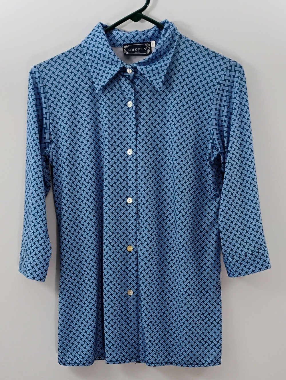 🇮🇹 Women's Italian Blue & Lavender Geometric Button-Up Blouse 3/4 Sleeves -  S